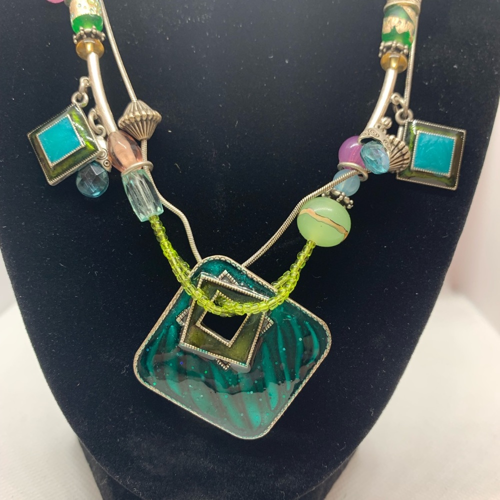 Mixture of aqua and green beaded multiple strand necklace